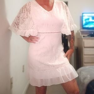 Lace Dress Summer V Neck White Women Flare Sleeve Ruffles Mini Dress